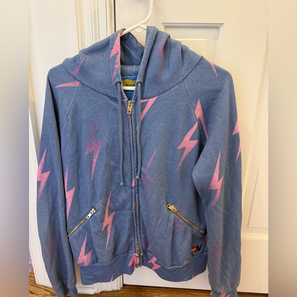 Aviator Nation Blue Zip Hoodie with Pink Lightning